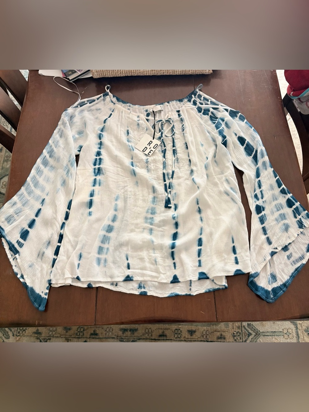 NWT Ro & De Blue Tie Dye Cold Shoulder Bell Sleeve Top M